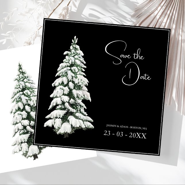 Winter Black Snow Christmas Tree Wedding Save The Date (Winter Black and White Snowy Pine Tree Wedding Save The Date)