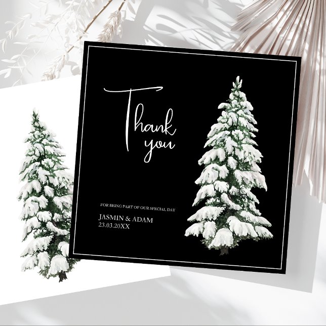 Winter Black Snow Christmas Tree Wedding Thank You Card (Winter Black and White Snowy Pine Tree Wedding Thank You Card)