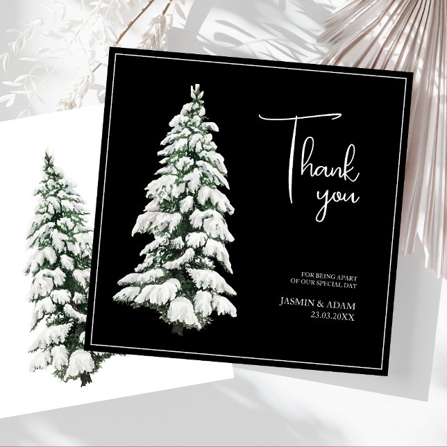 Winter Black Snow Christmas Tree Wedding Thank You Card (Winter Black and White Snowy Pine Tree Wedding Thank You Card)
