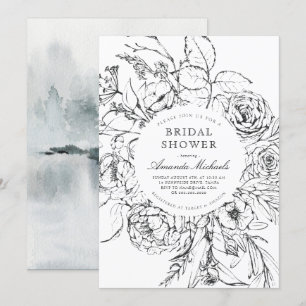 Winter Black White Minimalist Floral Bridal Shower Invitation