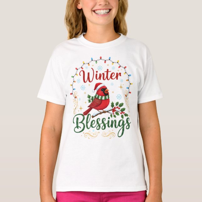Winter Blessings Cardinal Bird Christmas T-Shirt (Front)