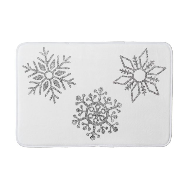 Winter Bling Silver Snowflakes on White Bath Mat (Front)