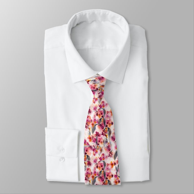 Winter Bliss Watercolor Floral-Grey and Magenta    Tie (Tied)
