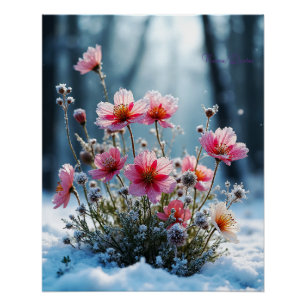 Winter Bloom – Pink Cosmos in the Snow Poster