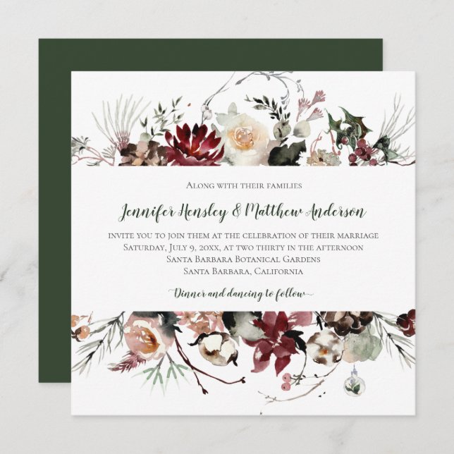 Winter Blooms - Dark Forest Green Text Wedding | Invitation (Front/Back)