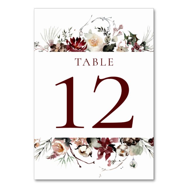 Winter Blooms - Deep Burgundy - Wedding | Table Number (Front)