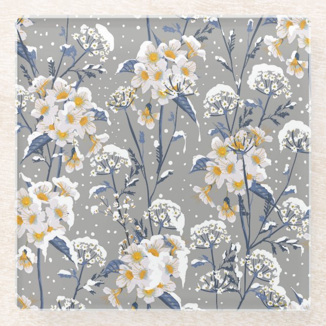 Winter Blossom: Delicate Floral Pattern Glass Coaster (Front)