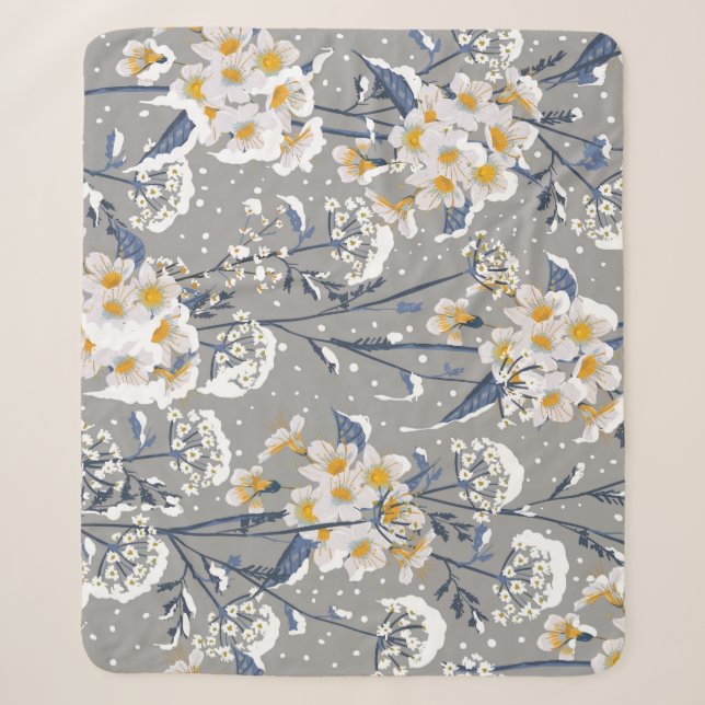 Winter Blossom: Delicate Floral Pattern Sherpa Blanket (Front)