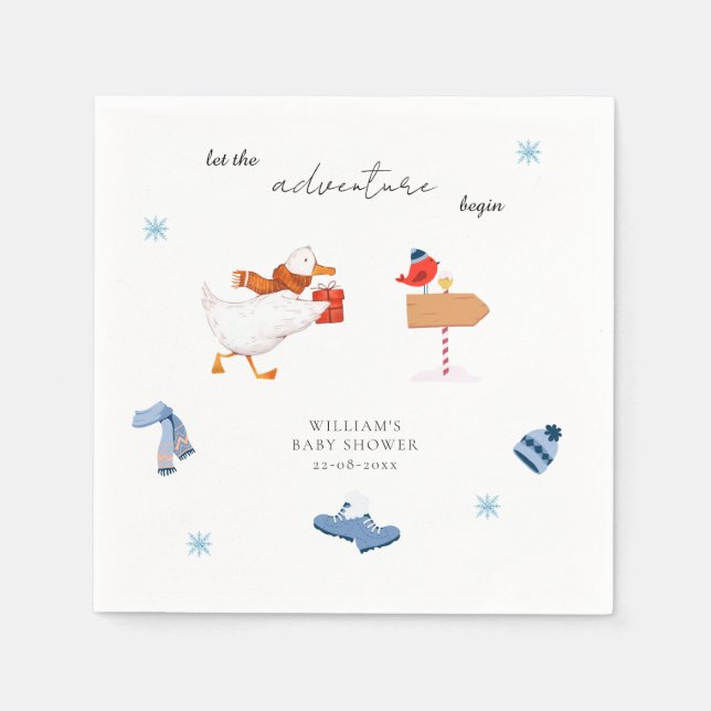 Winter Blue Adventure Begins Baby Shower Napkin (Front)