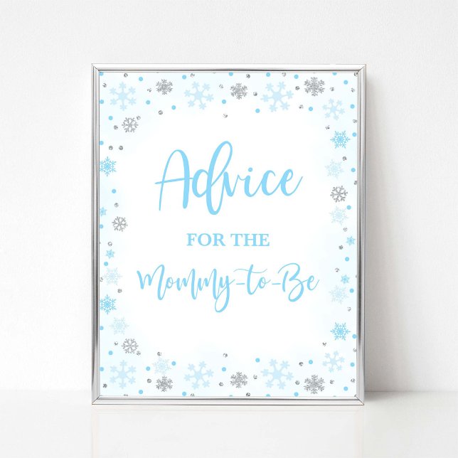 Winter Blue Advice for Mummy to Be Shower Sign (Advice for the Mommy-to-be Winter Baby Shower Sign, Blue & Silver Glitter Snowflakes)