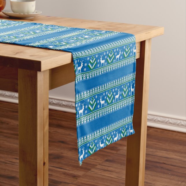 Winter Blue and Green Christmas Fair Isle Short Table Runner (In Situ)
