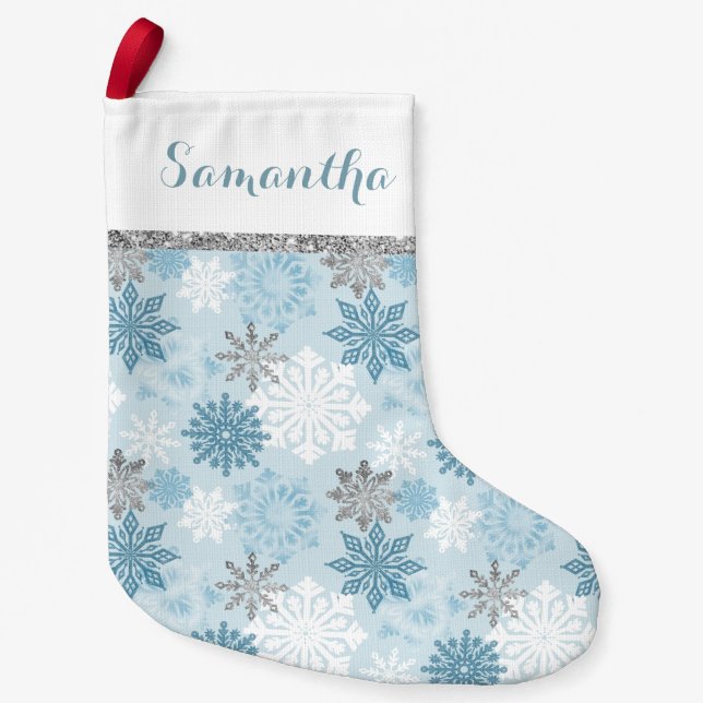Winter Blue And Silver Personalised Small Christmas Stocking (Front)