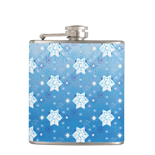 Winter blue and white Snowflakes pattern Hip Flask (Front)