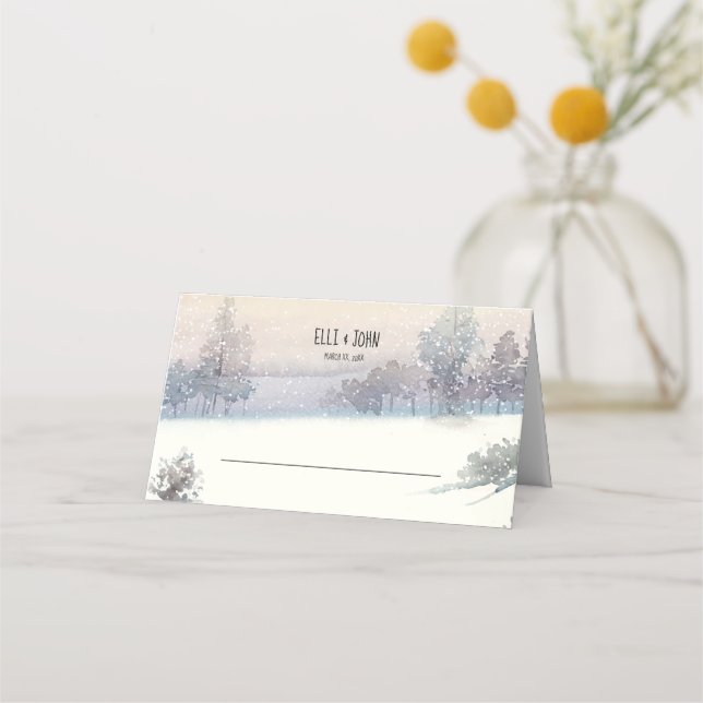 Winter Blue and White Wedding Place Card (Front)