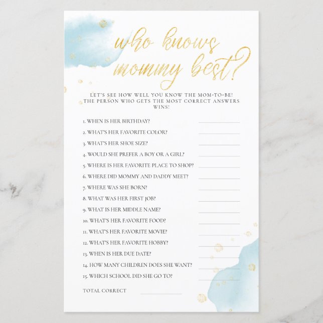 Winter Blue Baby Shower Game Who Knows Mummy Best (Front)