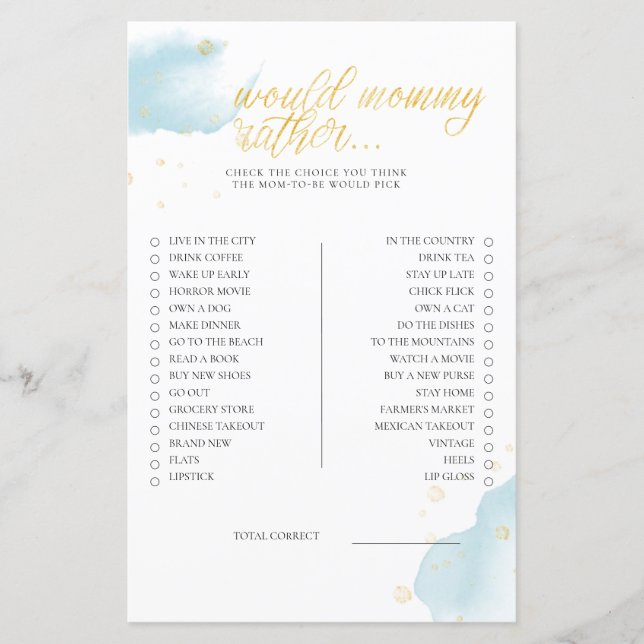 Winter Blue Baby Shower Game Would Mummy Rather (Front)