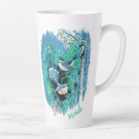 Winter Blue Birds Painting With Name Latte Mug