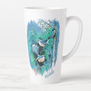 Winter Blue Birds Painting With Name Latte Mug
