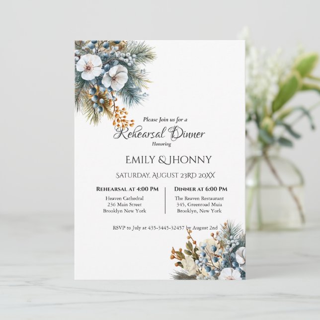 Winter Blue Boho Floral Rehearsal Dinner Invitation (Standing Front)