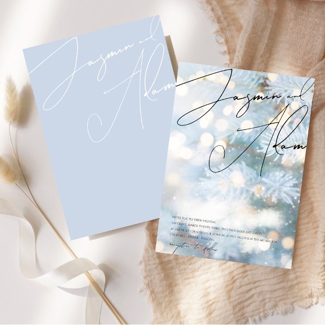 Winter Blue Bokeh Christmas Tree Wedding Invitation (Winter Blue Bohke Christmas Tree Festive Wedding Invitation)