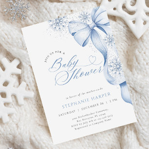 Winter Blue Bow Baby Shower Invitation
