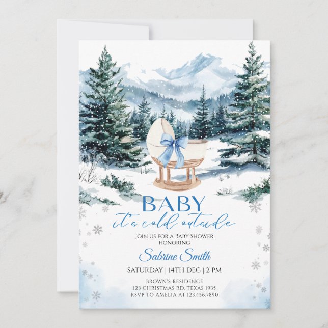 Winter Blue Bow Cradle Baby Shower Invitation (Front)