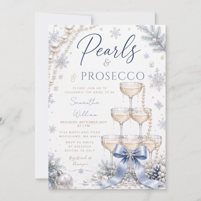 Winter Blue Bow Pearls & Prosecco Bridal Shower Invitation (Front)