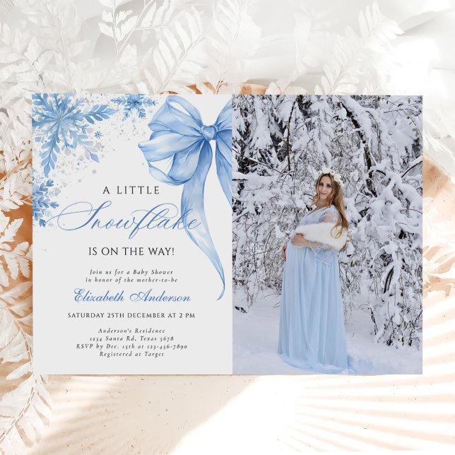Winter Blue Bow Snowflakes Baby Shower Photo Invitation (Creator Uploaded)