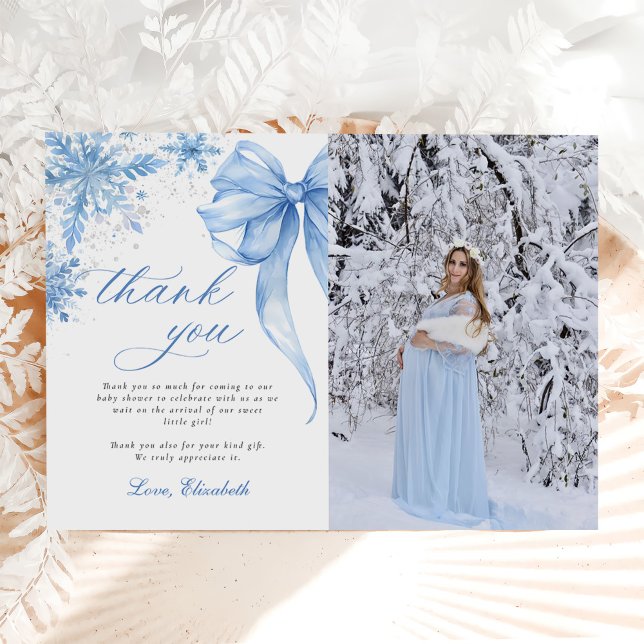 Winter Blue Bow Snowflakes Baby Shower Photo Thank You Card (Creator Uploaded)