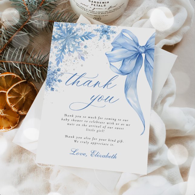 Winter Blue Bow Snowflakes Baby Shower Thank You Card (Creator Uploaded)