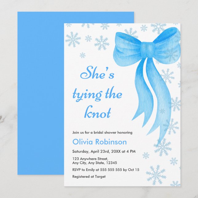 Winter Blue Bow Snowflakes Bridal Shower Invitation (Front/Back)