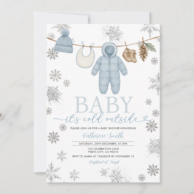 Winter Blue Boy Baby It’s Cold Outside Baby Shower Invitation (Front)