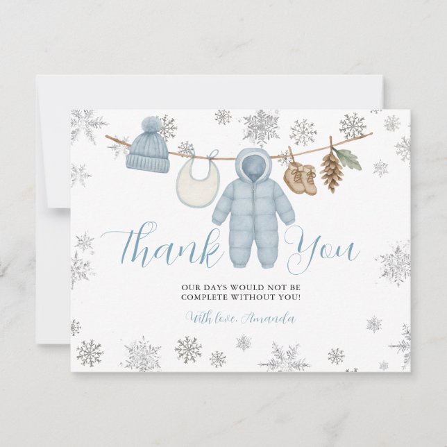 Winter Blue Boy Baby Shower Snowflakes Thank You (Front)