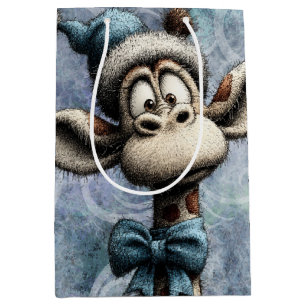 Winter Blue Christmas Cute Giraffe With Hat Medium Gift Bag