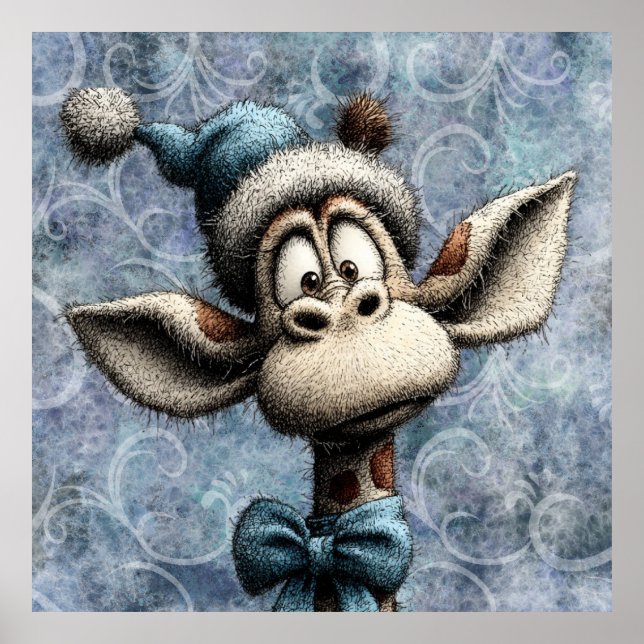 Winter Blue Christmas Cute Giraffe With Hat Poster (Front)