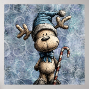 Winter Blue Christmas Cute Reindeer With Hat Poster