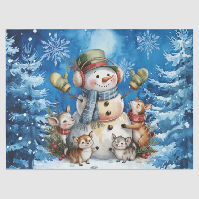 Winter Blue Christmas Snowman & Woodland Animals Tissue Paper (Front)