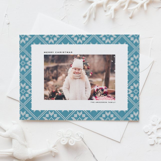 Winter Blue Fair Isle Knit Pattern Christmas Photo Holiday Card (Blue Fair Isle Sweater Knit Pattern Photo Christmas Holiday Card)