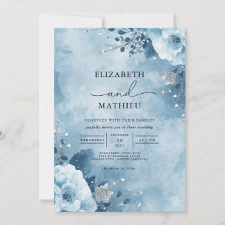 Winter Blue Floral Flourish Wedding Invitation