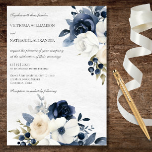 Winter Blue Floral on Marbled White Wedding   Invitation