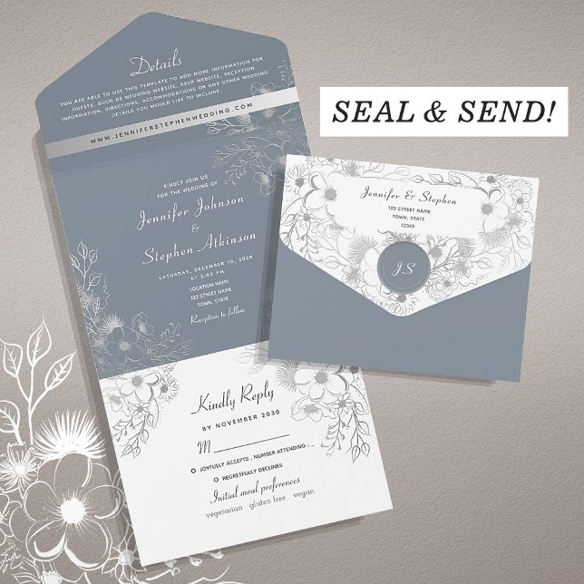 Winter Blue Floral Wedding All In One Invitation (Creator Uploaded)