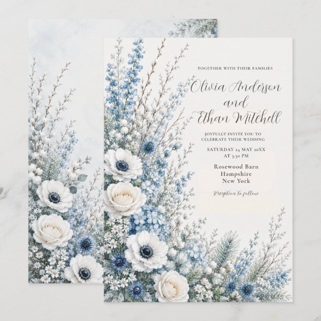 Winter Blue Floral Wedding Invitation (Front/Back)
