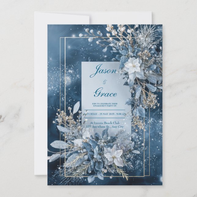 Winter Blue Floral Wedding Invitation (Front)