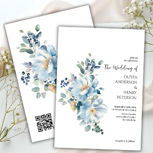 Winter Blue Flowers QR Code Wedding Invitation