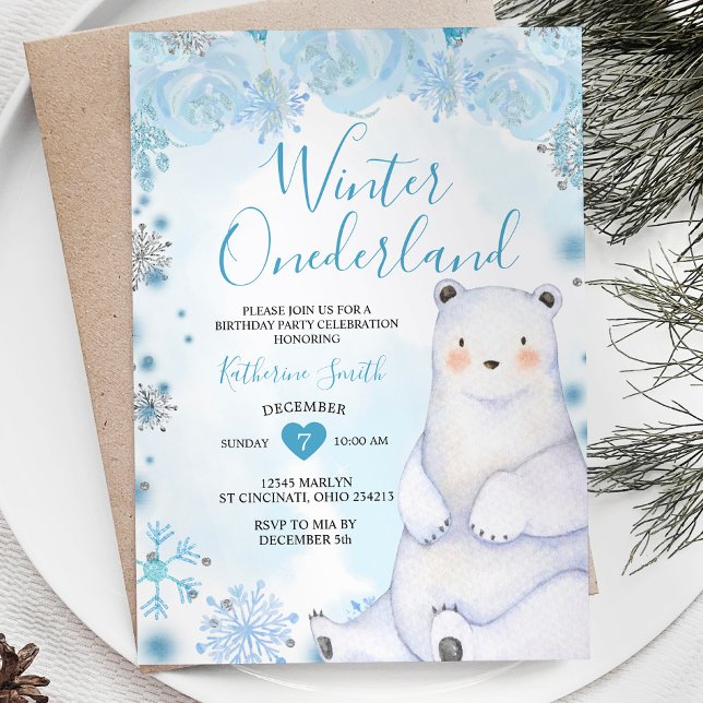 Winter Blue Flowers Snowflake Bear Birthday Invitation (Creator Uploaded)