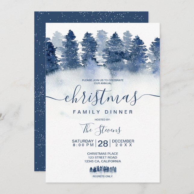Winter blue forest wood watercolor snow Christmas Invitation (Front/Back)