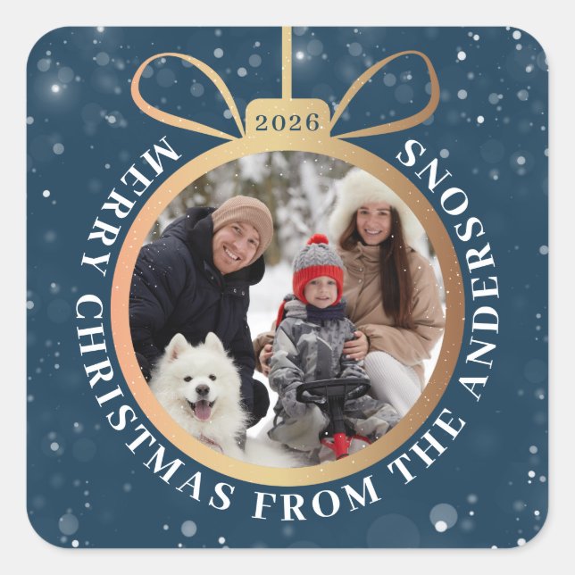 Winter Blue Gold Christmas Ornament Holiday Photo Square Sticker (Front)
