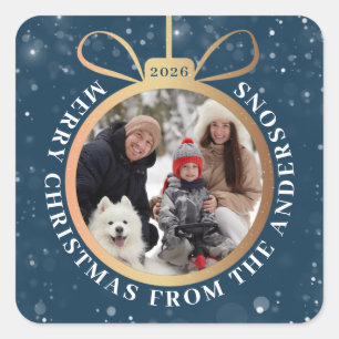 Winter Blue Gold Christmas Ornament Holiday Photo Square Sticker