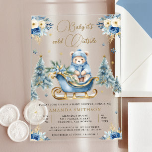 Winter Blue Gold Floral Teddy Bear Baby Shower Acrylic Invitations