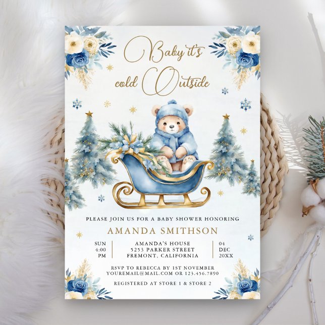 Winter Blue Gold Floral Teddy Bear Baby Shower Invitation (Creator Uploaded)